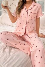 Kadın Pembe Kiraz Desenli Düğmeli Pijama Takımı 7035