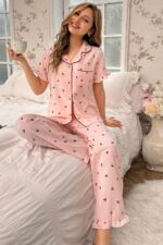 Kadın Pembe Kiraz Desenli Düğmeli Pijama Takımı 7035