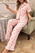 Kadın Pembe Kiraz Desenli Düğmeli Pijama Takımı 7035