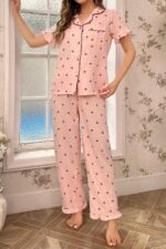 Kadın Pembe Kiraz Desenli Düğmeli Pijama Takımı 7035