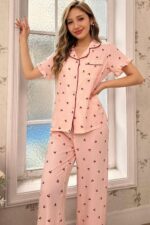 Kadın Pembe Kiraz Desenli Düğmeli Pijama Takımı 7035