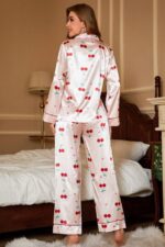 Kadın Toz Pembe Kiraz Desenli Saten Pijama Takımı 7065