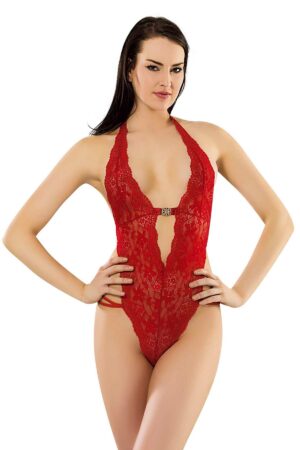 Kırmızı Fantezi Seksi Dantelli Transparan Bodysuit