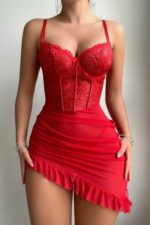 Kırmızı Fantezi Seksi Transparan Dantel Detaylı Fırfırlı Babydoll Gecelik Takımı
