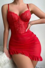 Kırmızı Fantezi Seksi Transparan Dantel Detaylı Fırfırlı Babydoll Gecelik Takımı