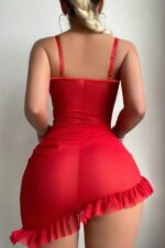 Kırmızı Fantezi Seksi Transparan Dantel Detaylı Fırfırlı Babydoll Gecelik Takımı