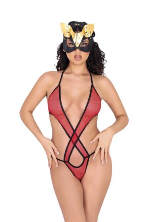 Kırmızı Fantezi Seksi Transparan Tül Bodysuit