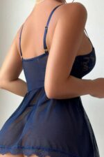 Lacivert Fantezi Seksi Transparan Dantelli Jartiyer Takımı