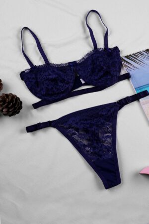 Lacivert Fantezi Seksi Transparan Dantelli Sütyen Takımı