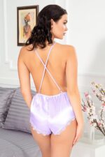 Lila Saten Dantel Detaylı Mini Tulum