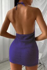 Mavi Fantezi Seksi Boyundan Bağlamalı Göğüs Dekolteli Sırtı Açık Mini Elbise
