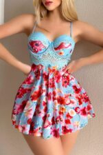 Mavi Fantezi Seksi Çiçek Desenli Babydoll Gecelik