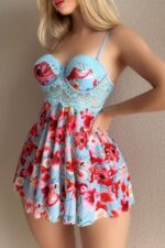Mavi Fantezi Seksi Çiçek Desenli Babydoll Gecelik