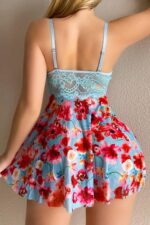 Mavi Fantezi Seksi Çiçek Desenli Babydoll Gecelik