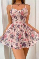 Pembe Fantezi Seksi Çiçek Desenli Askılı Babydoll Gecelik