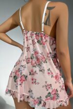 Pembe Fantezi Seksi Çiçek Desenli Babydoll Gecelik