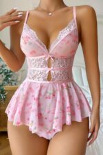 Pembe Fantezi Seksi Dantel Detaylı Çiçek Desenli Askılı Sırt Dekolteli Body