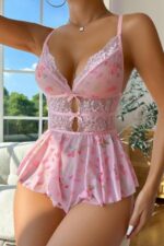 Pembe Fantezi Seksi Dantel Detaylı Çiçek Desenli Askılı Sırt Dekolteli Body