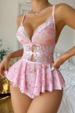 Pembe Fantezi Seksi Dantel Detaylı Çiçek Desenli Askılı Sırt Dekolteli Body