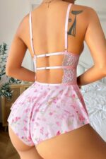 Pembe Fantezi Seksi Dantel Detaylı Çiçek Desenli Askılı Sırt Dekolteli Body