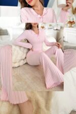 Pembe Fiyonk Detaylı Uzun Kollu Pijama Takımı