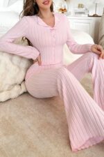 Pembe Fiyonk Detaylı Uzun Kollu Pijama Takımı