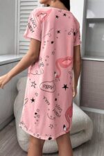 Pembe Flamingo Baskılı Kısa Kollu Midi Boy Gecelik