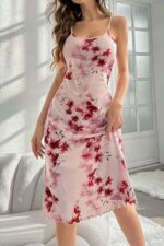 Pembe İp Askılı Kiraz Çiçeği Sakura Desenli Midi Boy Gecelik