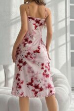 Pembe İp Askılı Kiraz Çiçeği Sakura Desenli Midi Boy Gecelik