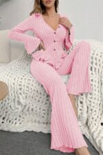Pembe V Yaka Kaşkorse Pijama Takımı 7051