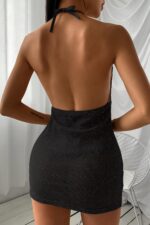 Siyah Fantezi Seksi Boyundan Bağlamalı Göğüs Dekolteli Sırtı Açık Mini Elbise