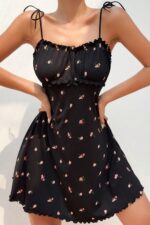 Siyah Fantezi Seksi Çiçek Desenli Babydoll Gecelik