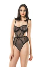 Siyah Fantezi Seksi Dantel Detaylı Balenli Transparan Bodysuit