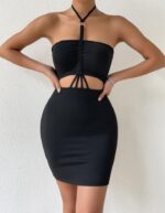 Siyah Fantezi Seksi Drape Detaylı Boyundan Askılı Mini Elbise TP104126
