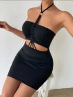 Siyah Fantezi Seksi Drape Detaylı Boyundan Askılı Mini Elbise TP104126
