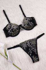 Siyah Fantezi Seksi Transparan Çiçek Desenli Sütyen Takımı