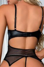Siyah Fantezi Seksi Transparan File Detaylı Derin Sırt Dekolteli Deri Jartiyer Takımı