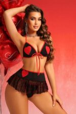 Siyah Fantezi Seksi Transparan Kalp Desenli Etekli Sütyen Takımı