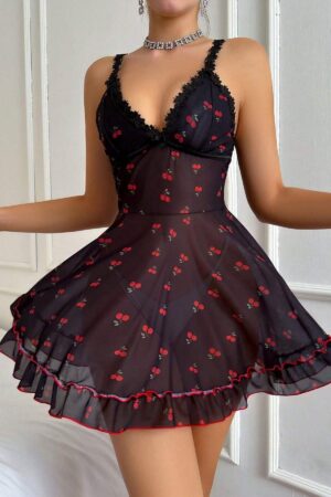 Siyah Fantezi Seksi Transparan Kiraz Desenli Babydoll Gecelik Takımı