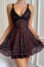 Siyah Fantezi Seksi Transparan Kiraz Desenli Babydoll Gecelik Takımı