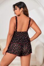 Siyah Fantezi Seksi Transparan Tül Büyük Beden Kiraz Desenli Şort Takım