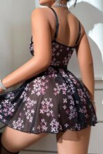 Siyah Fantezi Seksi Transparan Tül Çiçek Desenli Babydoll Gecelik Takımı