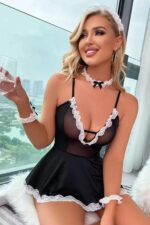 Siyah Fantezi Seksi Transparan Tül ve Dantel Detaylı Hizmetçi Kostümü