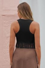 Siyah Halter Yaka Saçak Detaylı Crop Bluz