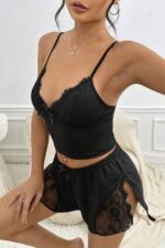 Siyah İp Askılı Yırtmaçlı Büstiyer Şort Takımı