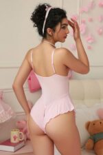 Toz Pembe Fantezi Seksi Özel Bölgesi Açık Transparan Detaylı Bodysuit
