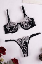 Uzay Gri Fantezi Seksi Transparan Çiçek Desenli Sütyen Takımı