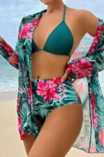 Yeşil Tropikal Desen Pareo Bikini Takımı
