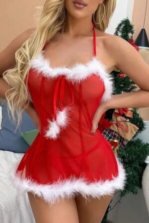 Kırmızı Fantezi Seksi Transparan Tül Babydoll Yılbaşı Kostümü