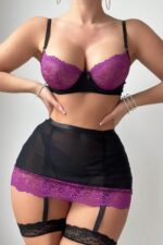 Siyah – Mor Fantezi Seksi Transparan Dantel Detaylı Jartiyer Takımı